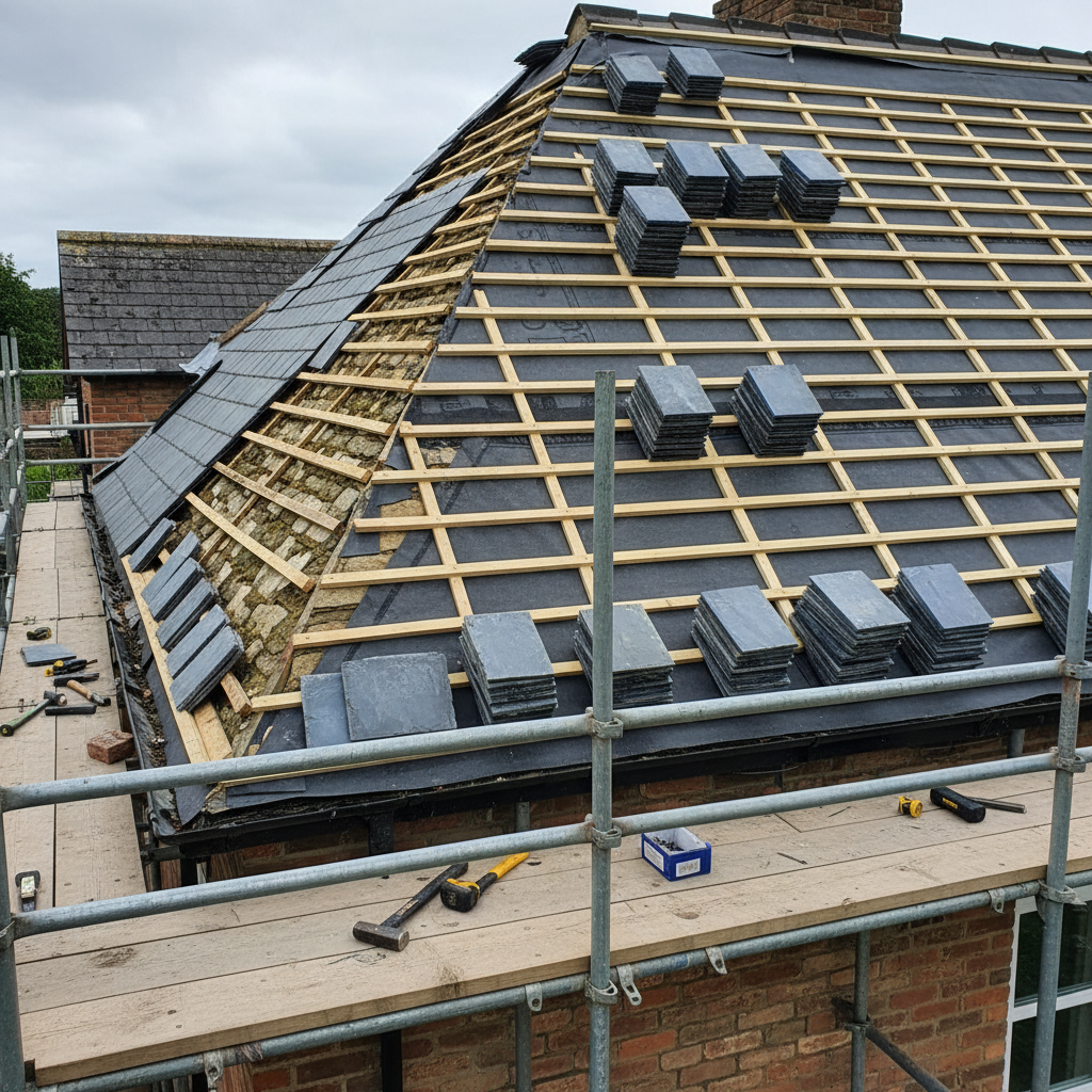 A detailed close-up of a roof renovation in progress, showing an old, weathered slate roof half removed and a new, neatly installed underlay and battens on the other half. Stacks of new slate tiles rest precisely arranged on the cleaner side, while the worn section reveals aged, mossy stones and faded metal flashing. The scene takes place on a sturdy, well-organized scaffolding system around a traditional brick house. Overcast daylight provides even, diffused lighting, reducing harsh shadows and highlighting material contrasts. Photographic realism from an eye-level perspective emphasizes the transformation, with a clear focus on clean lines, secure fixings, and professional, methodical workmanship. The mood is efficient, trustworthy, and meticulous, reflecting a high-quality roof renovation service.