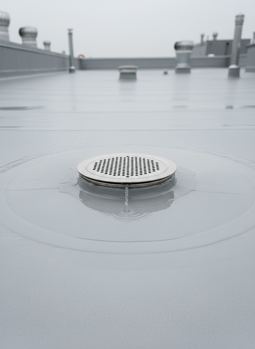 A precise, technical close-up of a roof drainage inspection, showing a clean, open rooftop drain surrounded by a perfectly sealed waterproof membrane on a flat roof. The drain grate is metallic and flawless, with no debris, while the surrounding surface slopes subtly towards it, clearly visible in the photographic realism. Shot from a low, side angle, the composition emphasizes the gradient and water flow path, with a shallow puddle of clear water gently moving toward the drain. Overcast daylight creates soft, even lighting, highlighting textures without reflections. The background fades into soft blur, suggesting a larger, well-maintained rooftop. The atmosphere is highly professional, methodical, and reassuring, underlining expert maintenance and unclogging of roof drains and lines.