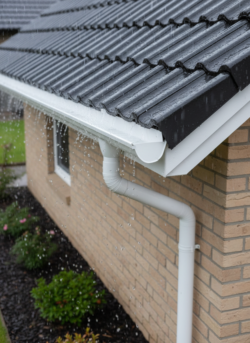 A clean, white aluminum gutter system running along the edge of a dark tiled roof, with perfectly aligned brackets and a seamless downpipe leading to the ground. Rainwater is visibly flowing smoothly through the gutter during a light shower, captured mid-motion as clear, sharp droplets. The house exterior is a well-maintained light brick, with tidy landscaping blurred in the background. Photographic realism with a slightly upward angle emphasizes the continuity of the gutter line and secure fixture to the fascia board. Soft, diffused rainy-day light creates a subdued, trustworthy mood, with subtle reflections on the wet metal surfaces and tiles. The composition highlights the gutter and downpipe as the hero elements, reinforcing quality installation and reliable drainage solutions.